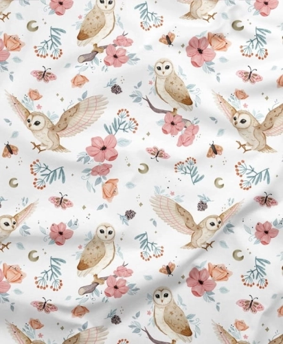 Bawełna Sowy i Kwiaty / Owls and Flowers