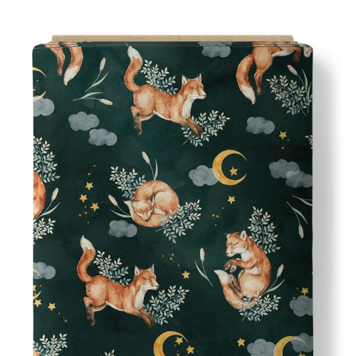 Tkanina Bawełniana Premium Moon Fox on green