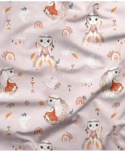 Bawełna Różowy Króliczek Boho na Tęczy / Pink Boho Bunny on the Rainbow