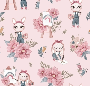 Tkanina Bawełniana Premium Pink Artist Bunny