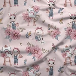 Drukowana Dzianina Dresowa Pink Artist Bunny