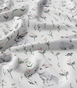 Rib Knit Jersey  Króliki na łące / Meadow Bunnies