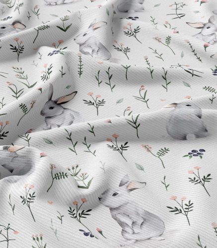 Rib Knit Jersey Króliki na łące / Meadow Bunnies