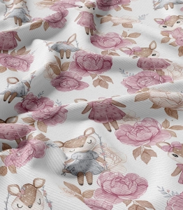 Rib Knit Jersey White Deer Peonies