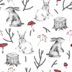 Tkanina Bawełniana Premium Muchomory i Zające / Toadstools and Hares