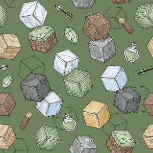 Drukowana Dzianina Dresowa World of Blocks  Dark Green