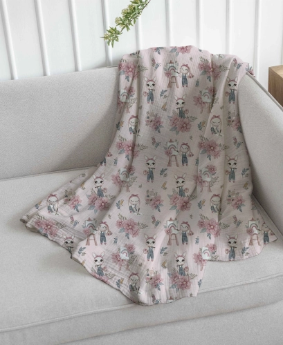 Drukowany Muślin Bawełniany Pink Artist Bunny, Double Gauze, Printed Cotton Muslin