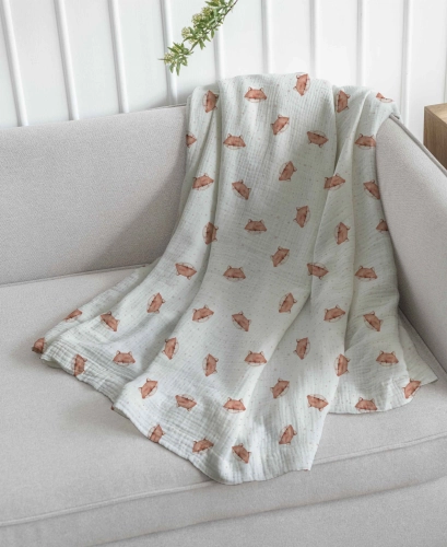 Drukowany Muślin Bawełniany Hello Fox, Double Gauze, Printed Cotton Muslin