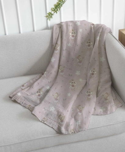 Drukowany Muślin Bawełniany Pink Fairy Mouse, Double Gauze, Printed Cotton Muslin