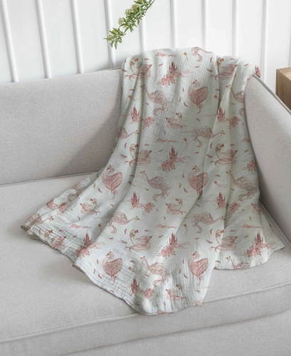 Drukowany Muślin Bawełniany Swan Princess, Double Gauze, Printed Cotton Muslin