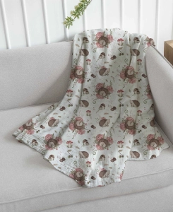 Drukowany Muślin Bawełniany Hedgehog / Jeże w kwiatach, Double Gauze, Printed Cotton Muslin