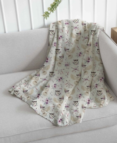 Drukowany Muślin Bawełniany Sowy Boho, Double Gauze, Printed Cotton Muslin