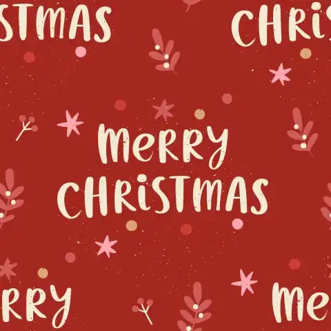 Czerwony wzór świąteczny z napisem Merry Christmas i różowymi gałązkami