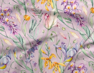 Jersey drukowany singiel bawełna z elastanem LETNIE KWIATY LAWENDA / SUMMER FLOWERS LAVENDER