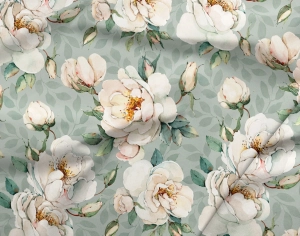 Jersey drukowany singiel bawełna z elastanem BIAŁE RÓŻE JADEIT / WHITE ROSES JADEITE
