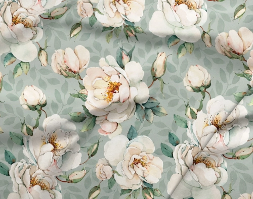 Jersey drukowany singiel bawełna z elastanem BIAŁE RÓŻE JADEIT / WHITE ROSES JADEITE