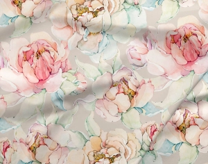 Jersey drukowany singiel bawełna z elastanem LETNIE PEONIE NA BEŻU / SUMMER PEONIES ON BEIGE